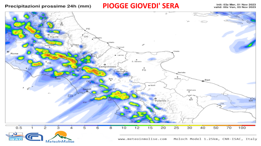 Piogge previste giovedì sera sulle regioni centrali italiane. Fonte: moloch, Rielaborazione: www.meteoinmolise.com 